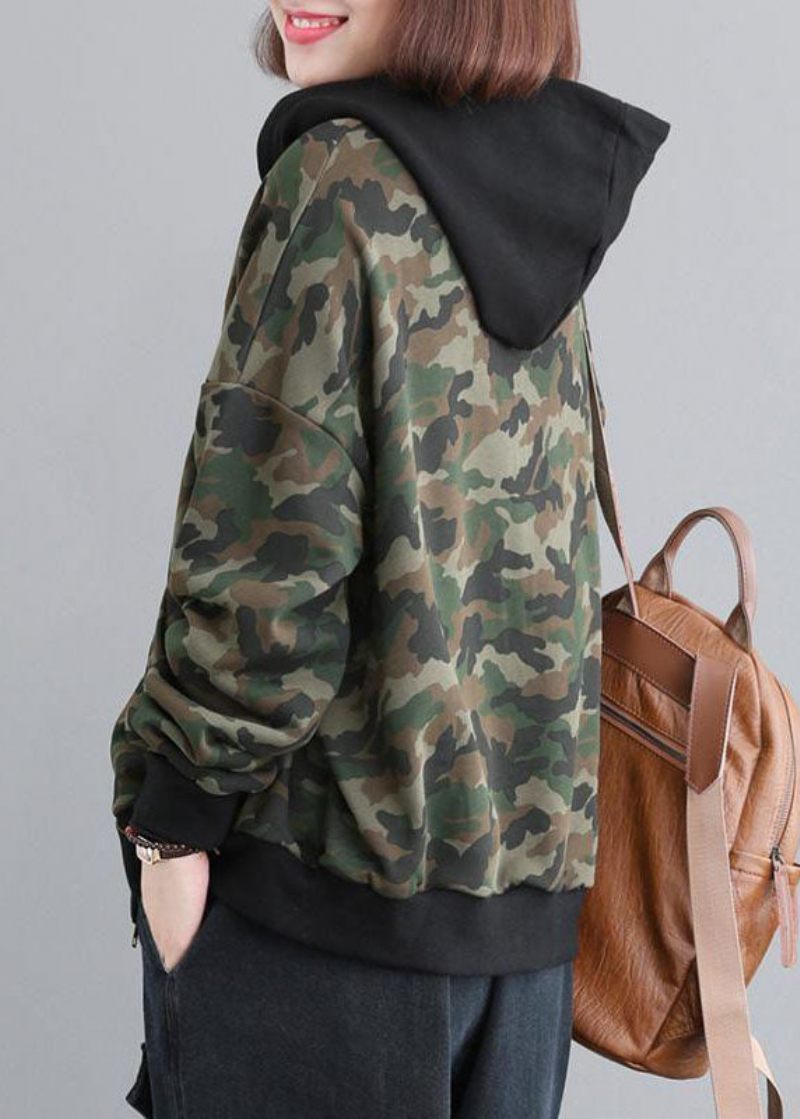 Casual Grøn Zip Up Patchwork Camouflage Bomuld Hættetrøjer Outwear Efterår - Dame vinterfrakker