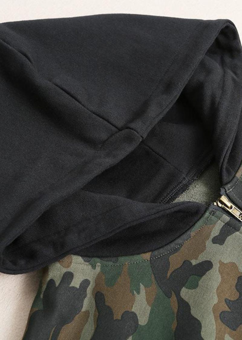 Casual Grøn Zip Up Patchwork Camouflage Bomuld Hættetrøjer Outwear Efterår - Dame vinterfrakker