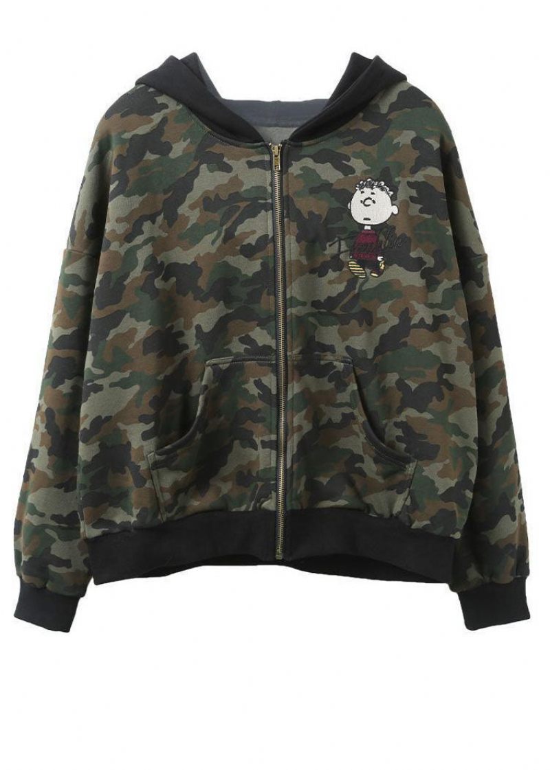 Casual Grøn Zip Up Patchwork Camouflage Bomuld Hættetrøjer Outwear Efterår - Dame vinterfrakker