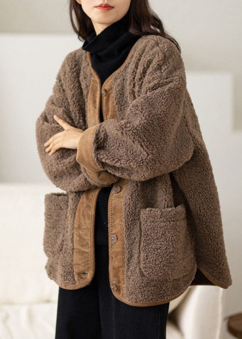 Casual Kaffe O-hals Lommer Knap Varm Faux Fur Coats Langærmet - Kaffe