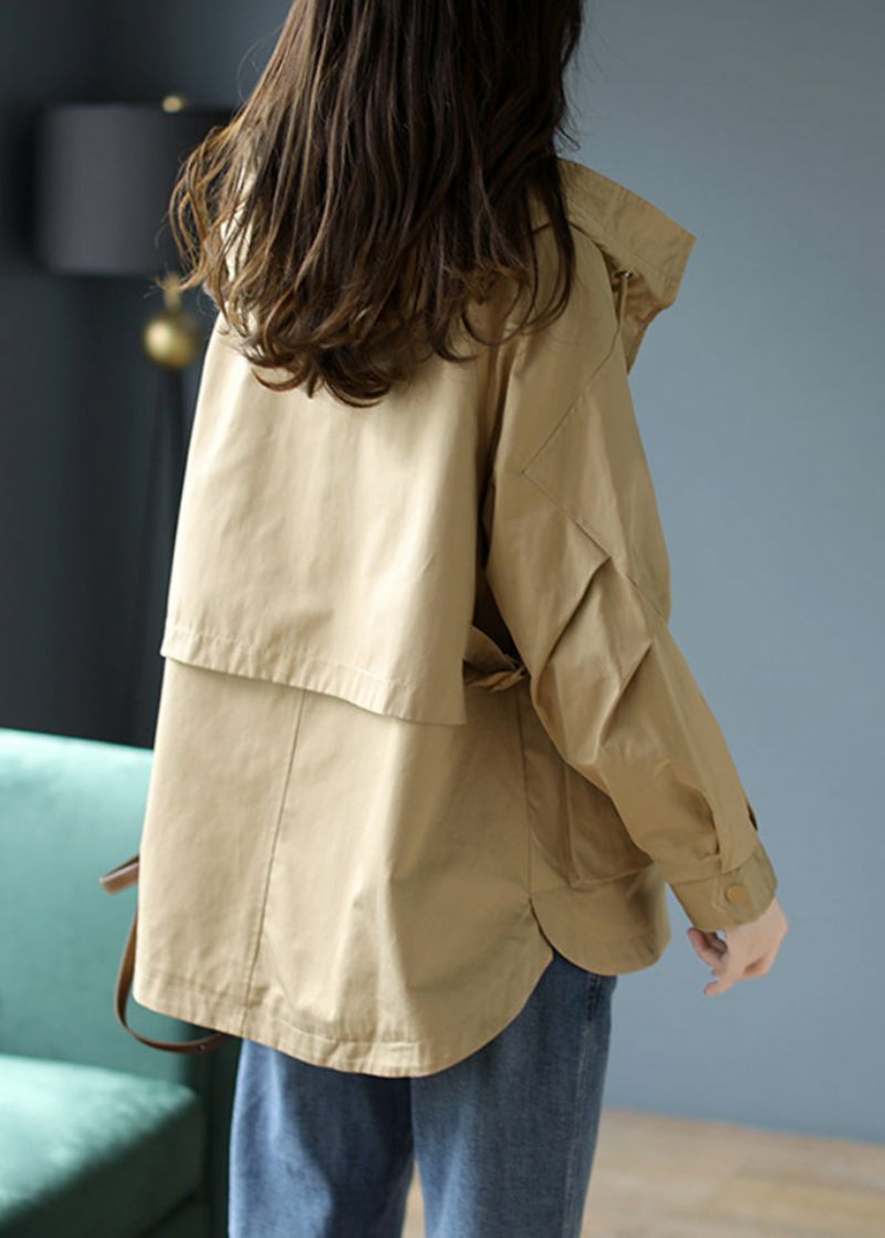 Casual Khaki Hætte Patchwork Bomuld Frakke Spring - Dame vinterfrakker