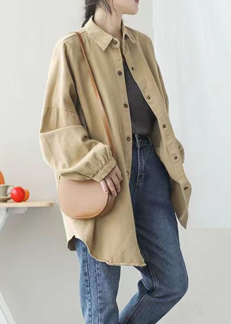 Casual Khaki Peter Pan Krave Lommer Knap Mid Coat Lanterne Ærme - Dame vinterfrakker