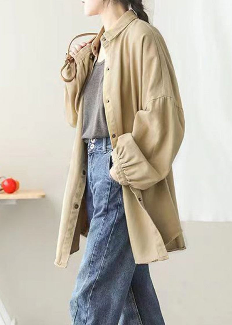 Casual Khaki Peter Pan Krave Lommer Knap Mid Coat Lanterne Ærme - Dame vinterfrakker