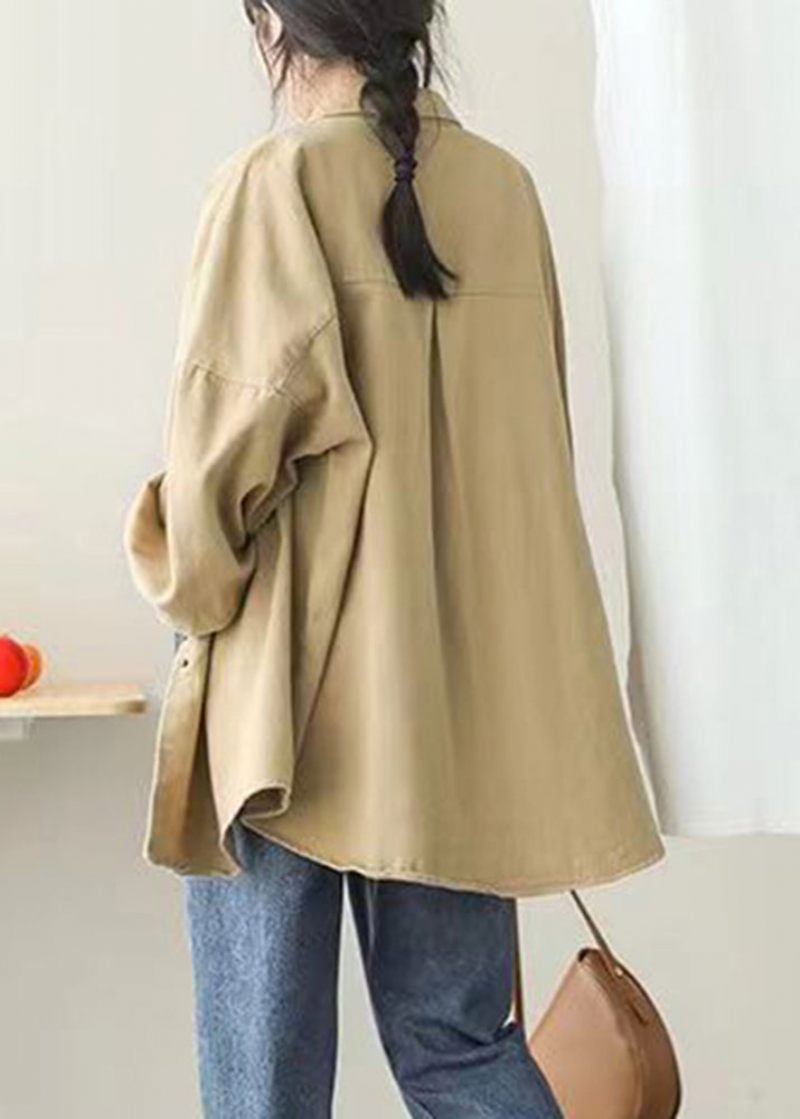 Casual Khaki Peter Pan Krave Lommer Knap Mid Coat Lanterne Ærme - Dame vinterfrakker