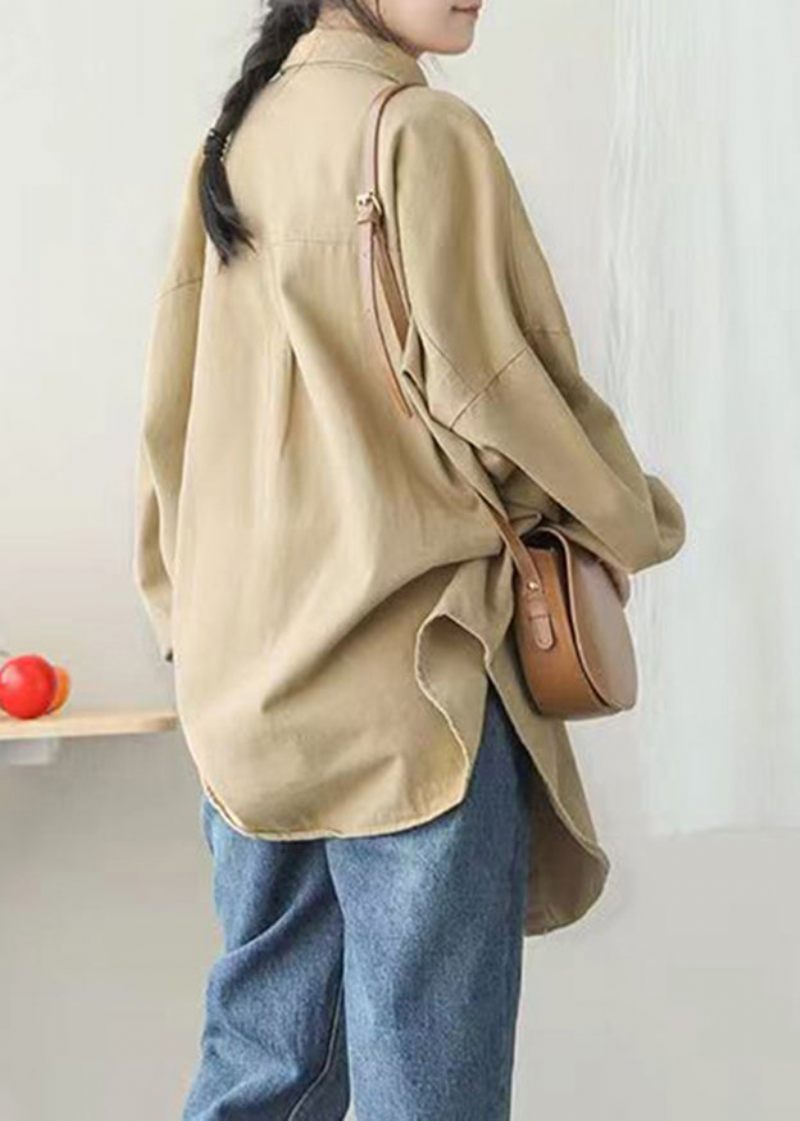 Casual Khaki Peter Pan Krave Lommer Knap Mid Coat Lanterne Ærme - Dame vinterfrakker