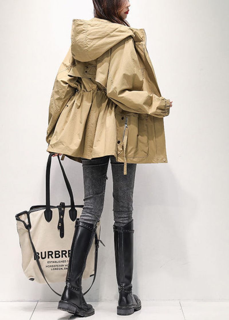 Casual Khaki Zip Up Lommer Snøre Bomuld Hætte Trench Spring - Dame vinterfrakker