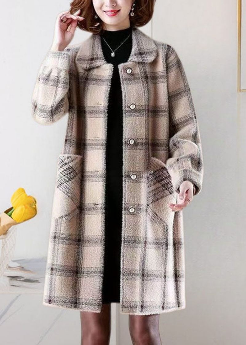 Casual Light Camel Peter Pan Kravelommer Plaid Mink Hår Strikkede Frakker Vinter