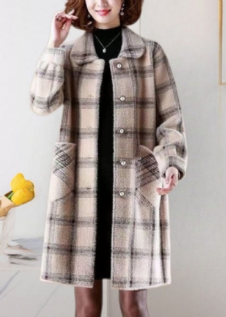 Casual Light Camel Peter Pan Kravelommer Plaid Mink Hår Strikkede Frakker Vinter