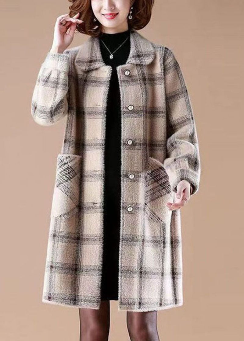 Casual Light Camel Peter Pan Kravelommer Plaid Mink Hår Strikkede Frakker Vinter - Dame vinterfrakker