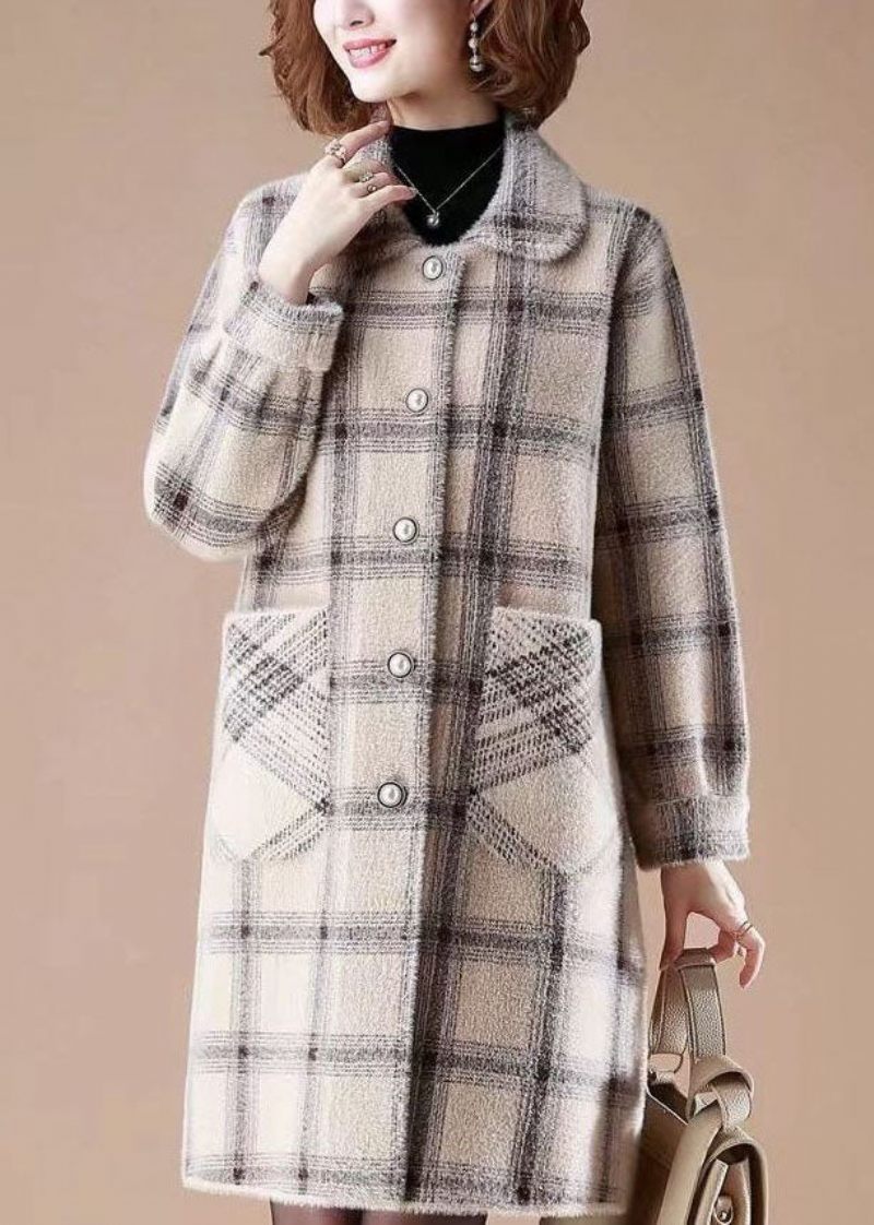 Casual Light Camel Peter Pan Kravelommer Plaid Mink Hår Strikkede Frakker Vinter - Dame vinterfrakker