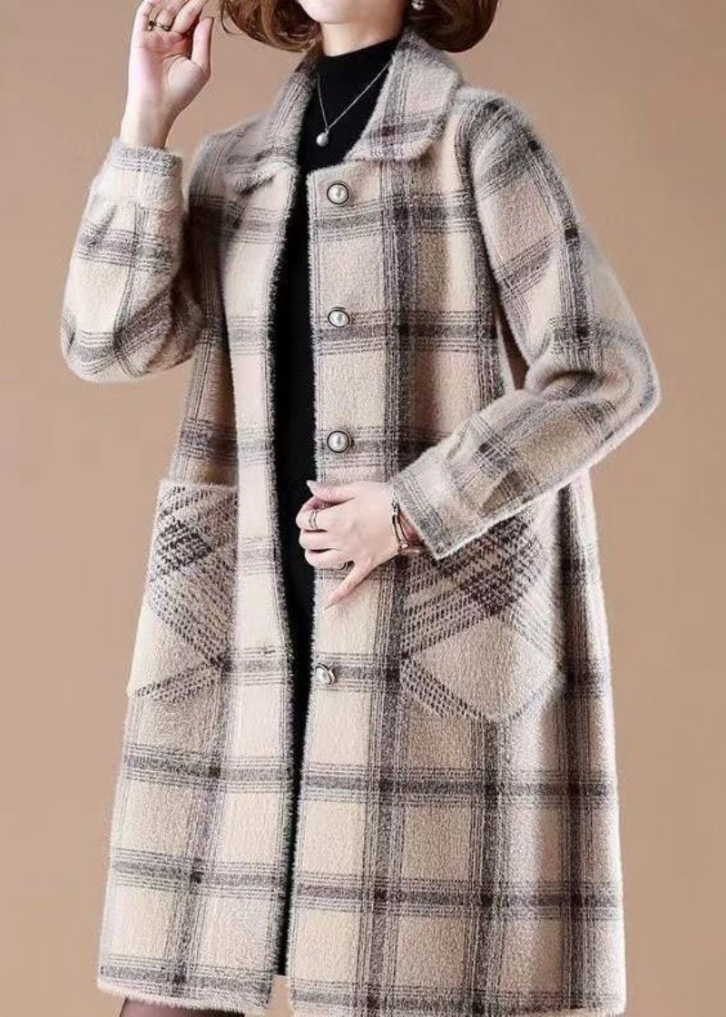 Casual Light Camel Peter Pan Kravelommer Plaid Mink Hår Strikkede Frakker Vinter - Dame vinterfrakker