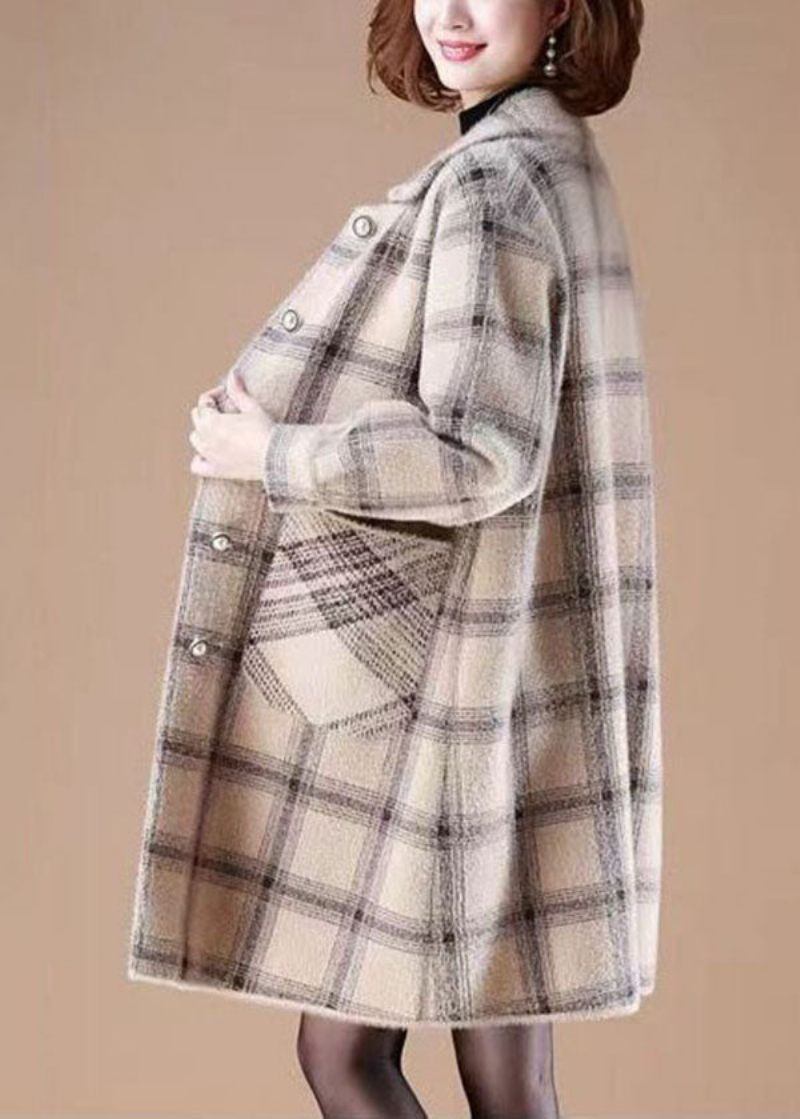 Casual Light Camel Peter Pan Kravelommer Plaid Mink Hår Strikkede Frakker Vinter - Dame vinterfrakker