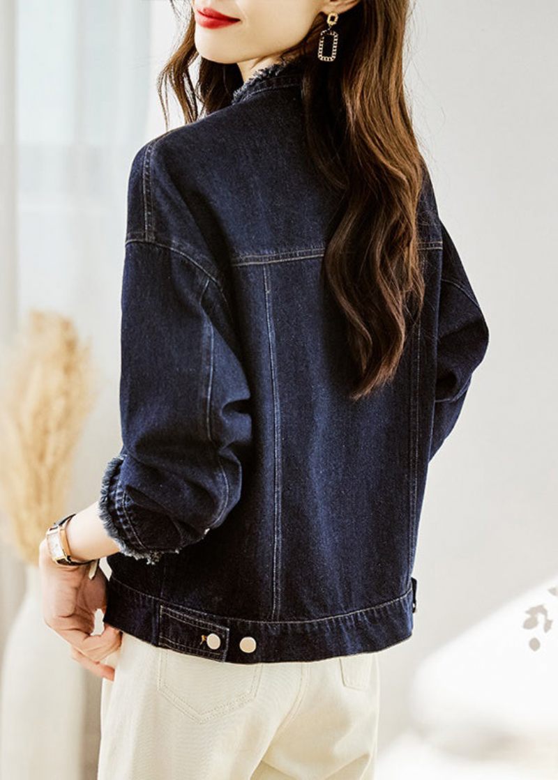 Casual Mørkeblå O-hals Lommer Patchwork Denim Frakker Efterår - Dame vinterfrakker