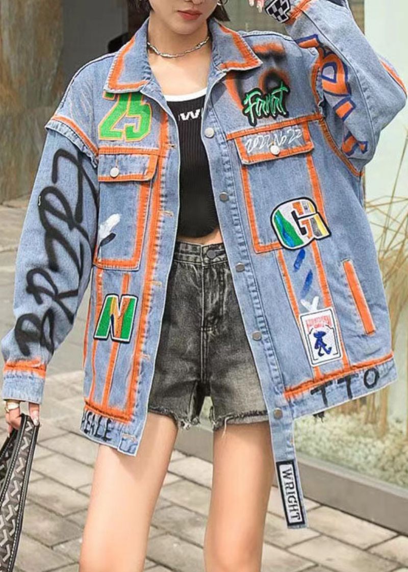 Casual Orange Peter Pan Kravelommer Grafisk Patchwork Denim Coat Spring