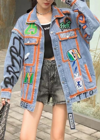 Casual Orange Peter Pan Kravelommer Grafisk Patchwork Denim Coat Spring