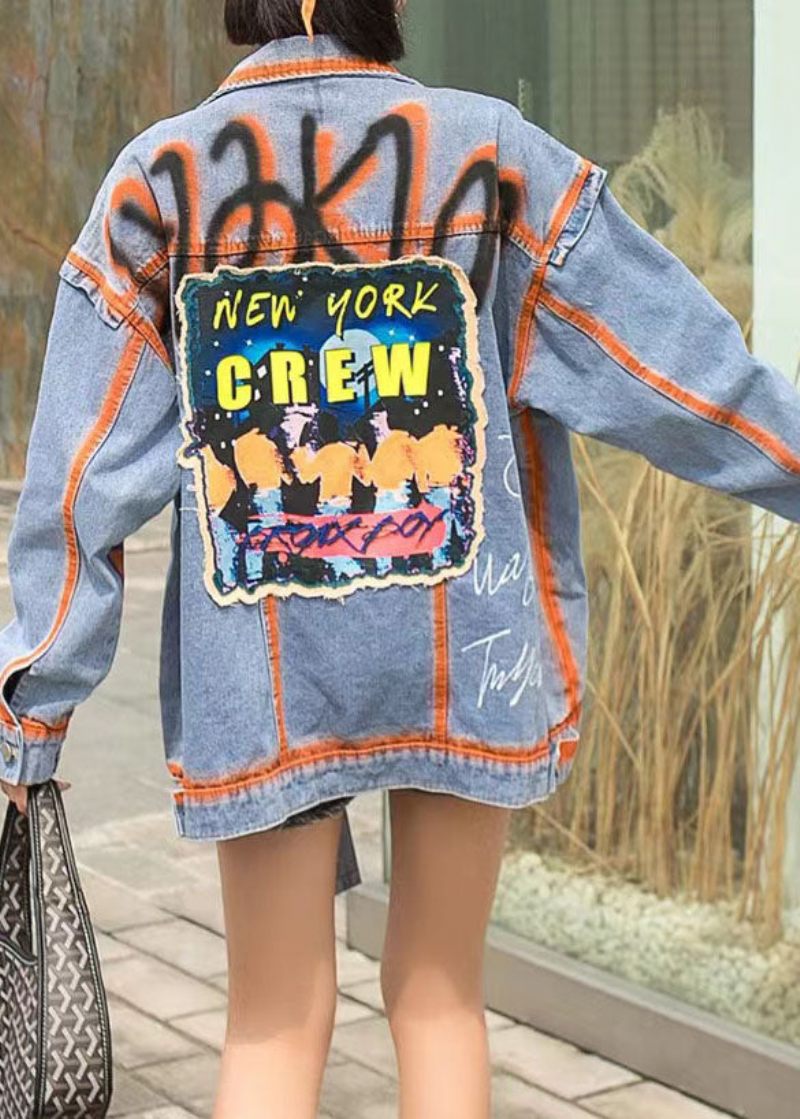 Casual Orange Peter Pan Kravelommer Grafisk Patchwork Denim Coat Spring - Dame vinterfrakker