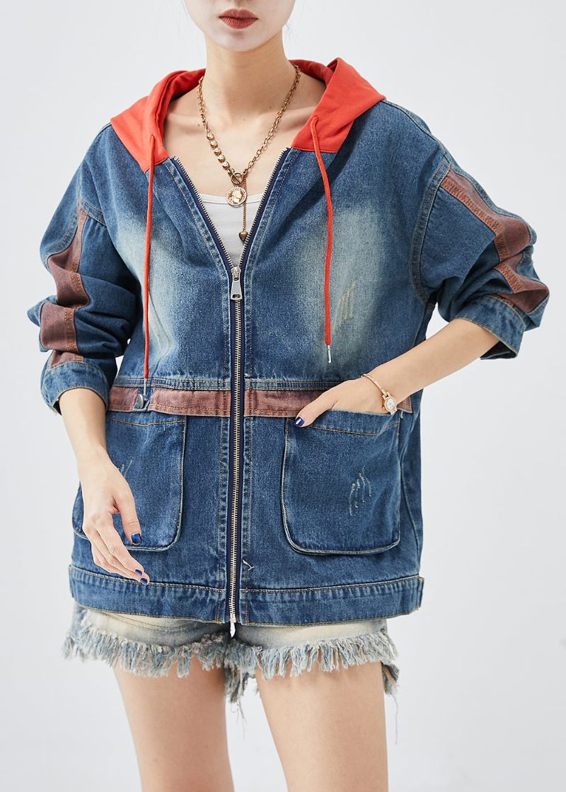 Casual Rød Hætte Patchwork Denim Frakker Efterår - Dame vinterfrakker