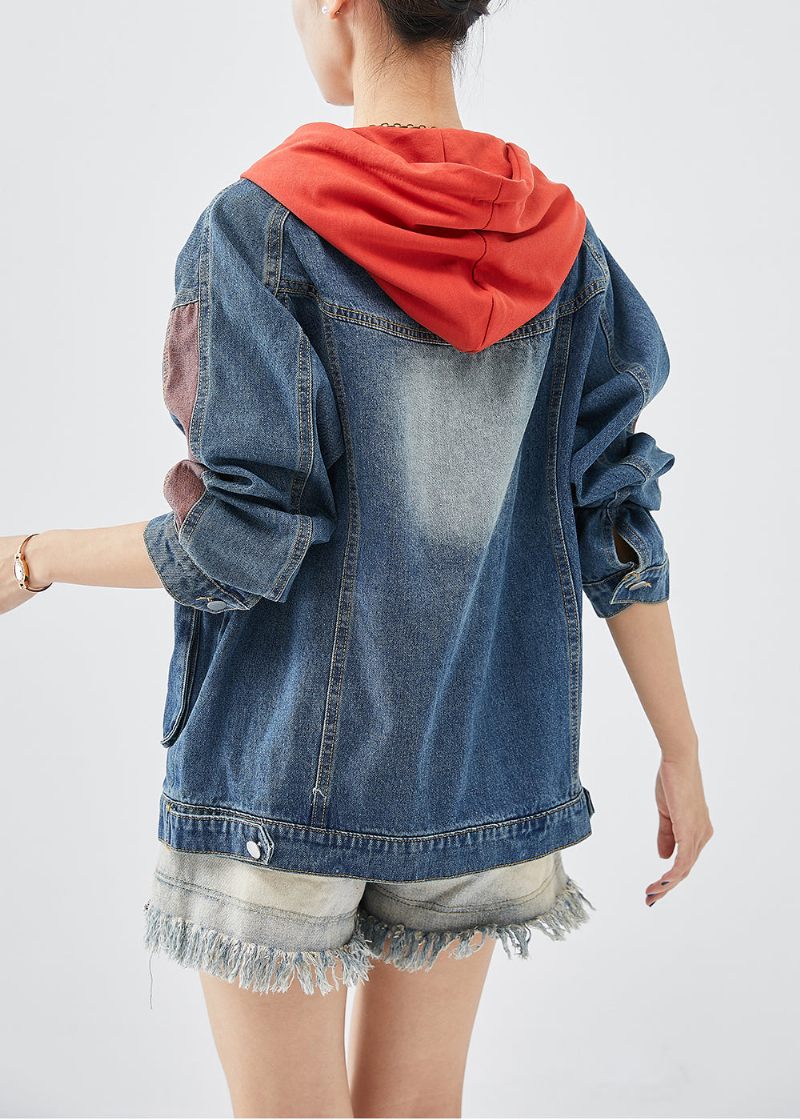 Casual Rød Hætte Patchwork Denim Frakker Efterår - Dame vinterfrakker