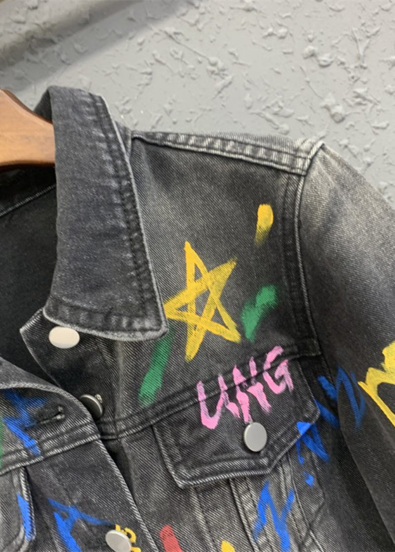 Casual Sort Grå Revers Graffiti Denim Jakke Efterår - Dame vinterfrakker