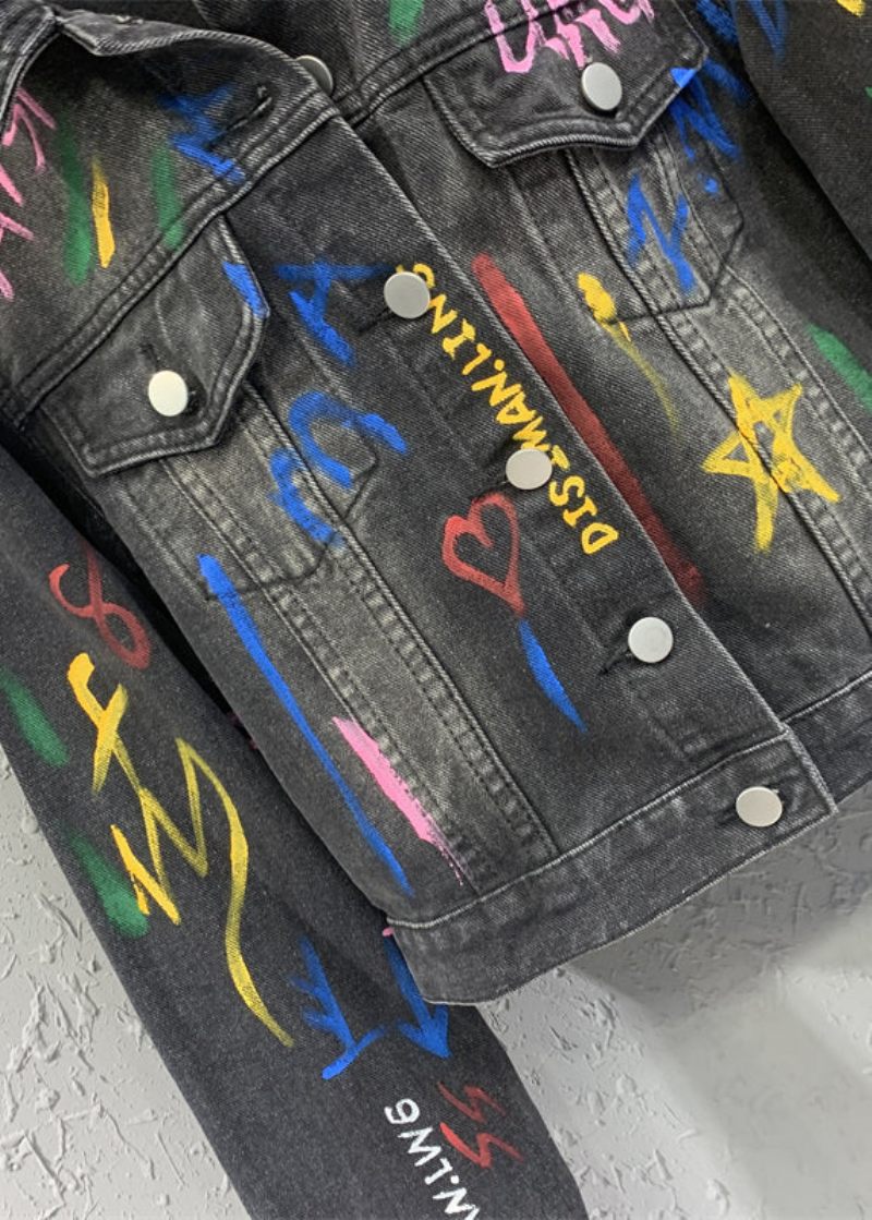 Casual Sort Grå Revers Graffiti Denim Jakke Efterår - Dame vinterfrakker