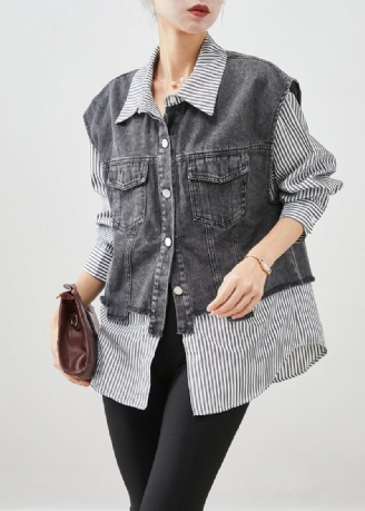 Casual Sort Stribet Patchwork Denim Frakke Outwear Efterår