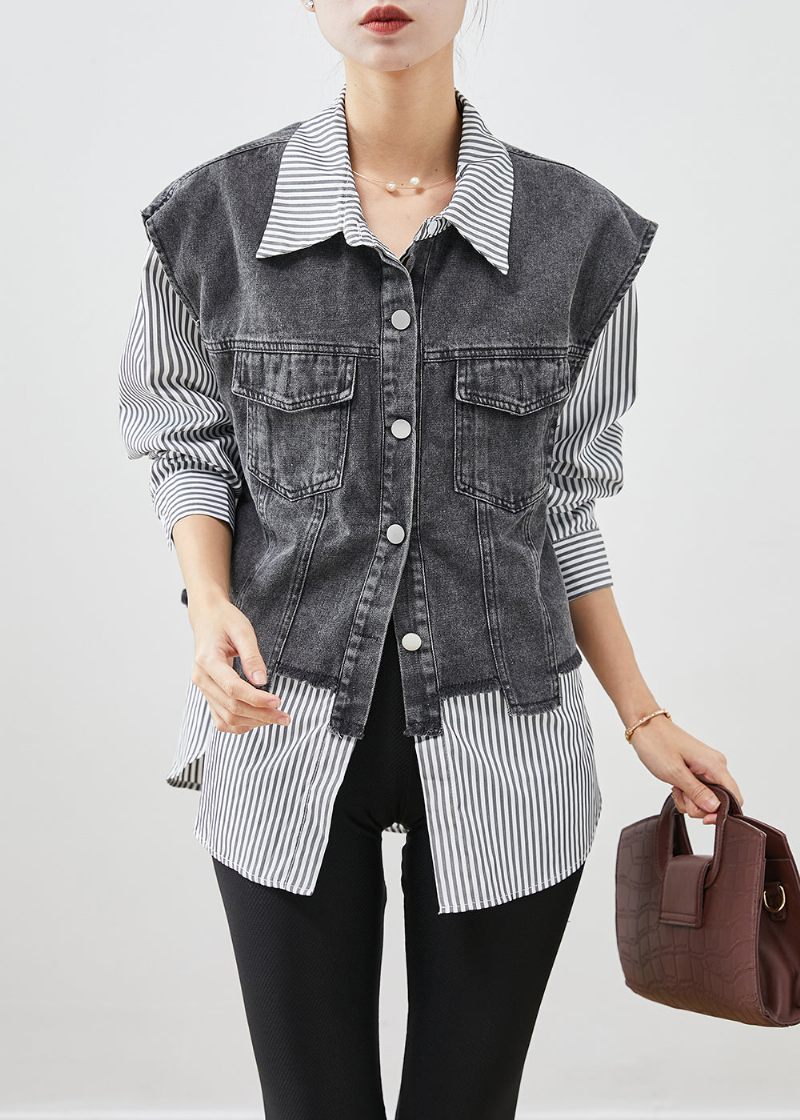 Casual Sort Stribet Patchwork Denim Frakke Outwear Efterår - Dame vinterfrakker