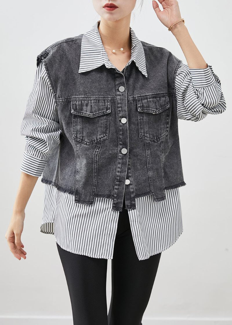 Casual Sort Stribet Patchwork Denim Frakke Outwear Efterår - Dame vinterfrakker