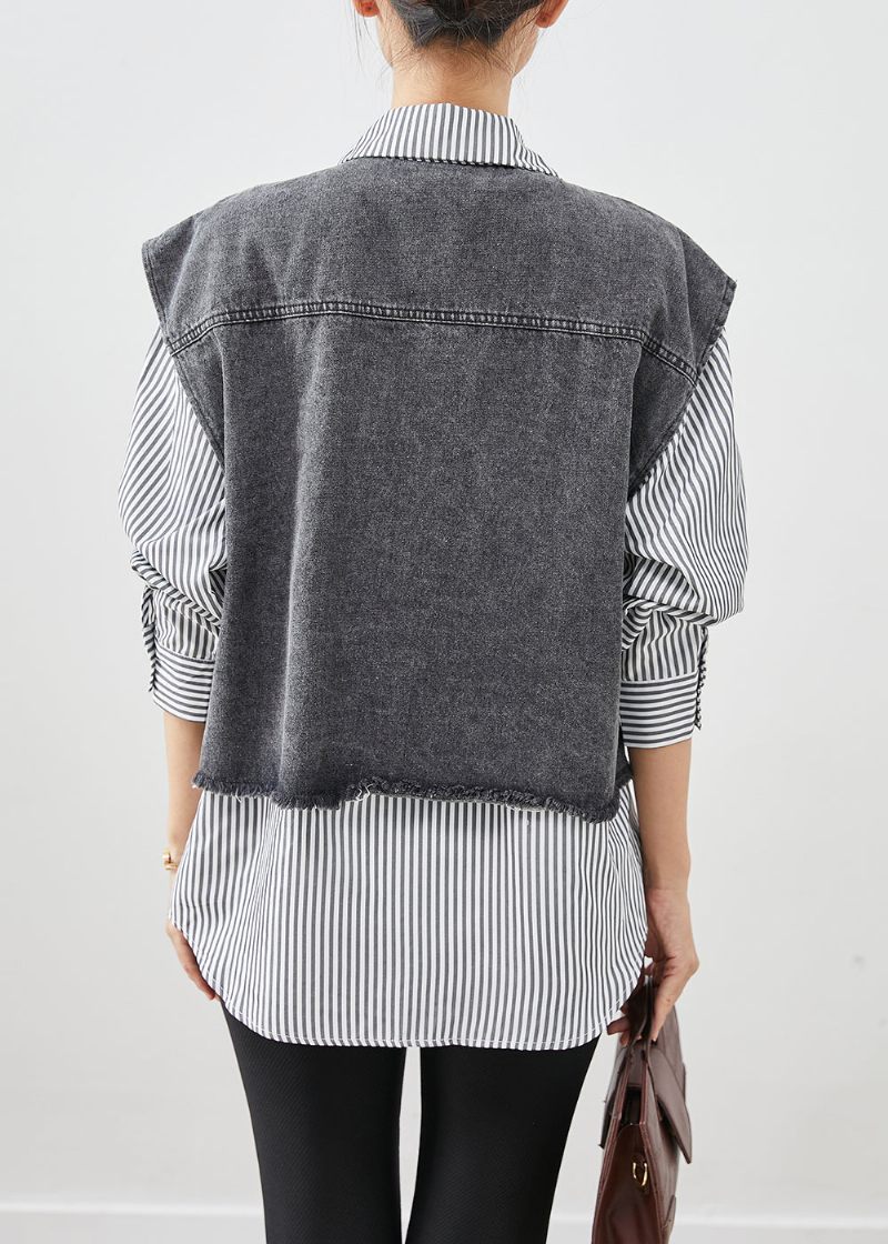 Casual Sort Stribet Patchwork Denim Frakke Outwear Efterår - Dame vinterfrakker