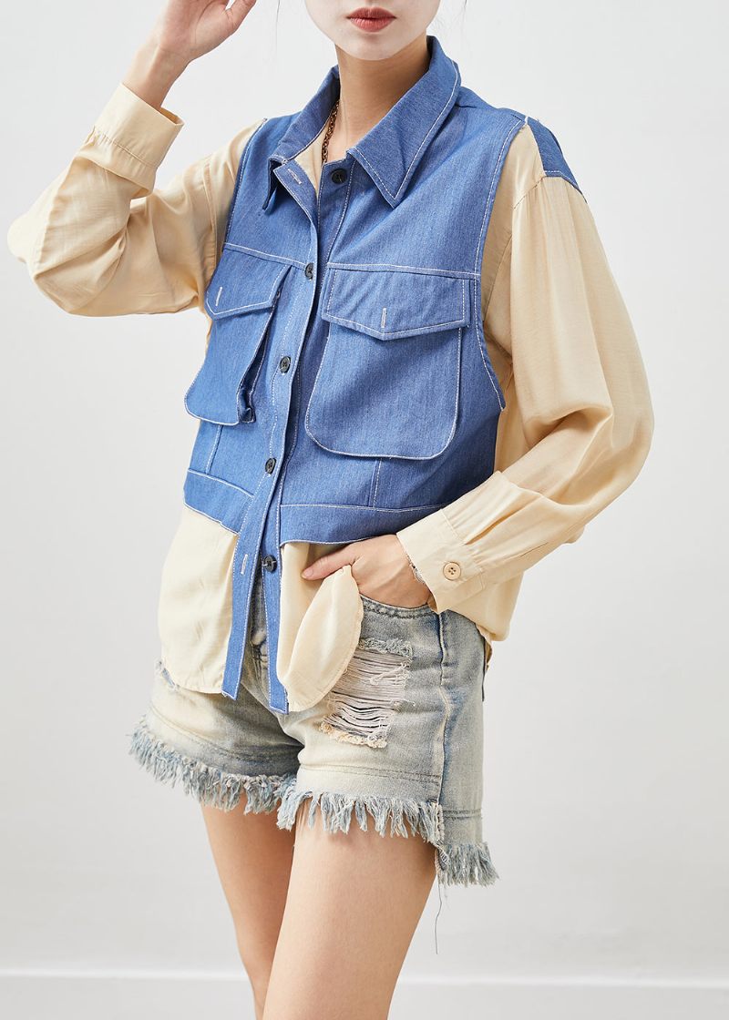 Chic Abrikos Oversized Patchwork Bomuld Falsk Todelt Skjorte Top Fall