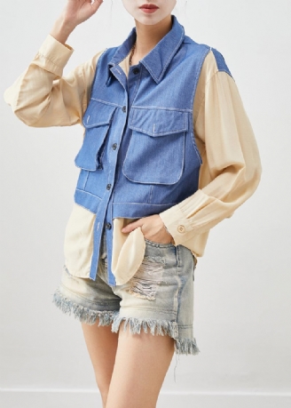 Chic Abrikos Oversized Patchwork Bomuld Falsk Todelt Skjorte Top Fall