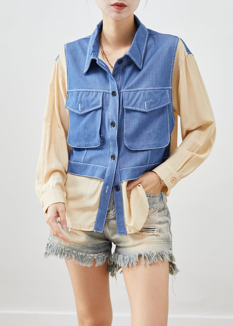 Chic Abrikos Oversized Patchwork Bomuld Falsk Todelt Skjorte Top Fall - Dame vinterfrakker