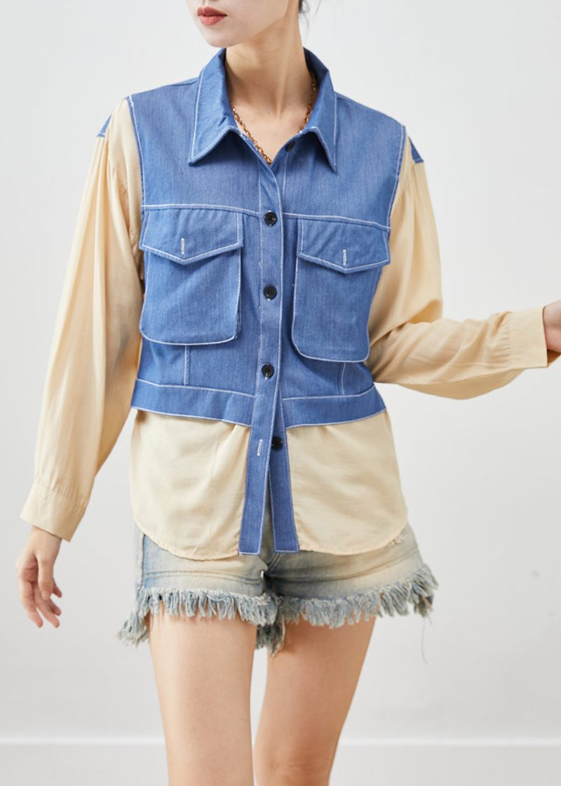 Chic Abrikos Oversized Patchwork Bomuld Falsk Todelt Skjorte Top Fall - Dame vinterfrakker