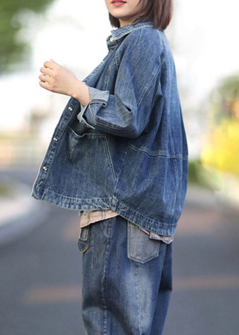 Chic Blå Peter Pan Krave Patchwork Denim Frakker Forår - Dame vinterfrakker