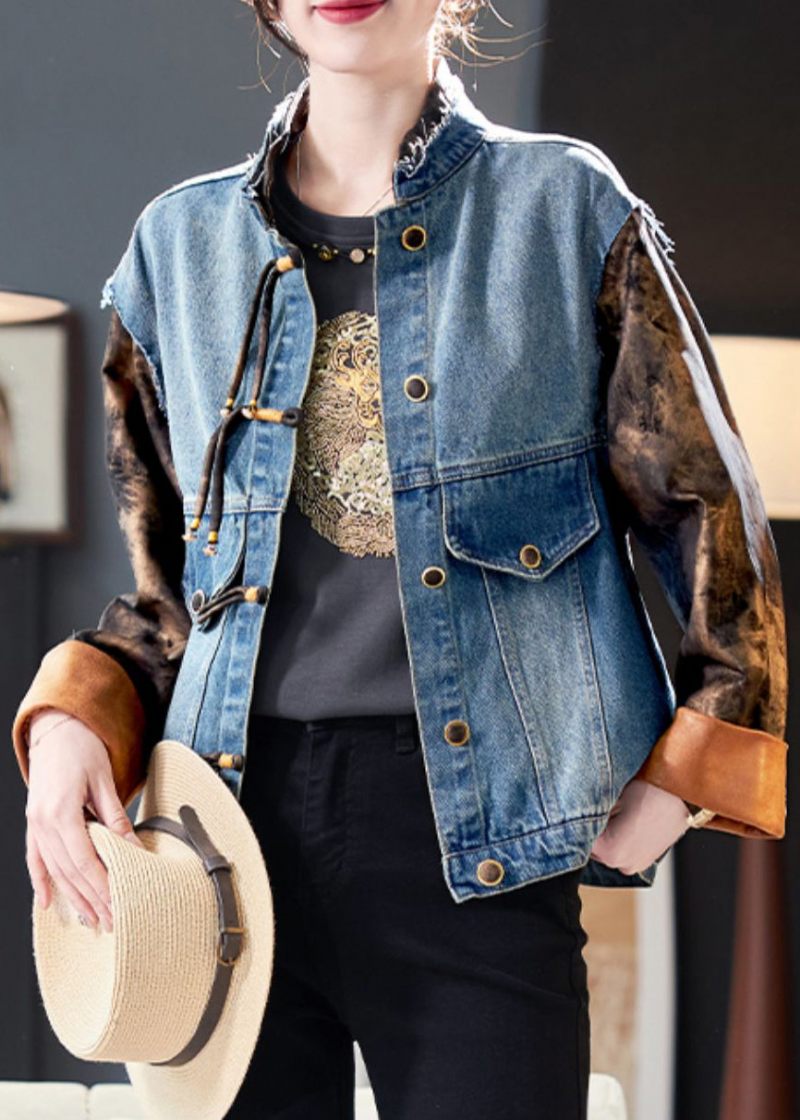 Chic Blue Button Print Patchwork Denim Coat Spring - Dame vinterfrakker