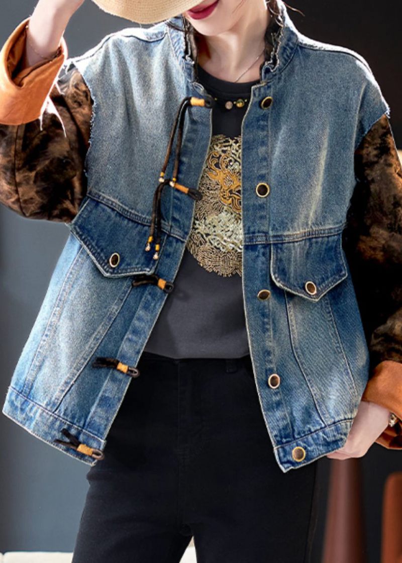 Chic Blue Button Print Patchwork Denim Coat Spring - Dame vinterfrakker