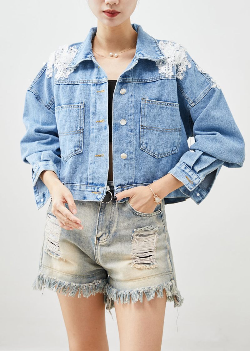 Chic Blue Oversized Stereoskopisk Floral Denim Coat Efterår - Dame vinterfrakker