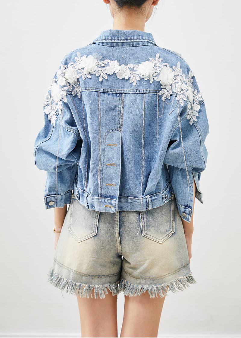 Chic Blue Oversized Stereoskopisk Floral Denim Coat Efterår - Dame vinterfrakker