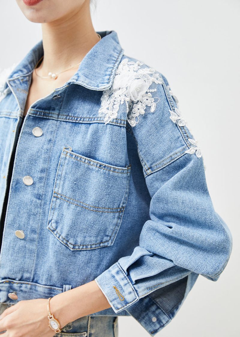 Chic Blue Oversized Stereoskopisk Floral Denim Coat Efterår - Dame vinterfrakker