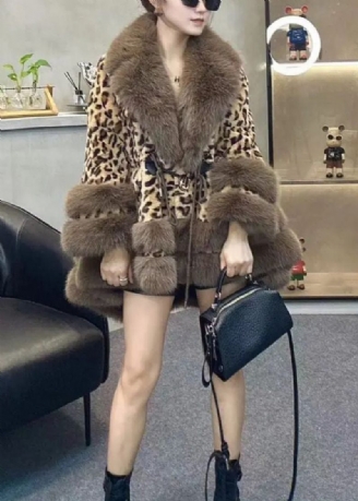 Chic Leopard Peter Pan Krave Snøre Patchwork Fuzzy Fur Fluffy Coats Vinter