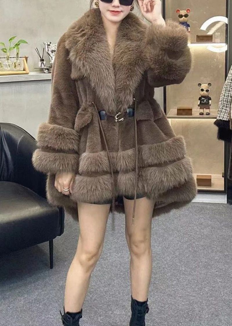 Chic Leopard Peter Pan Krave Snøre Patchwork Fuzzy Fur Fluffy Coats Vinter - Dame vinterfrakker