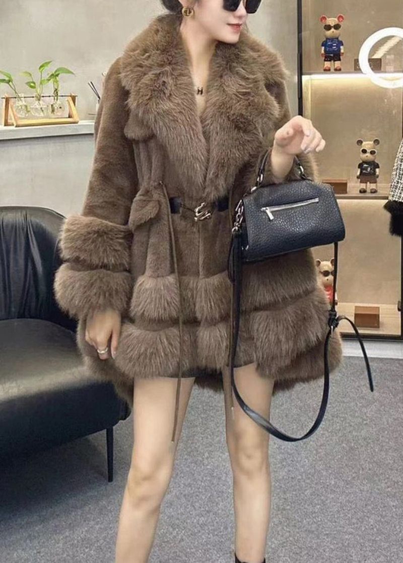 Chic Leopard Peter Pan Krave Snøre Patchwork Fuzzy Fur Fluffy Coats Vinter - Dame vinterfrakker