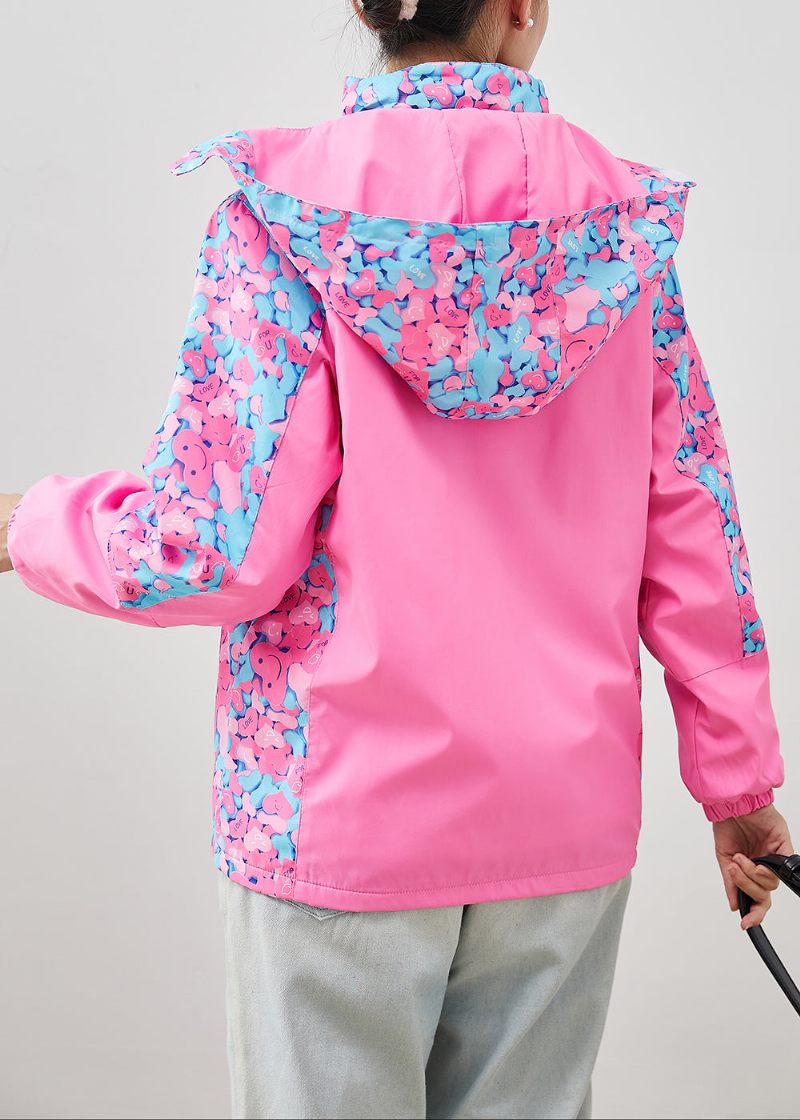 Chic Pink Hætte Patchwork Print Spandex Coat Outwear Efterår - Dame vinterfrakker