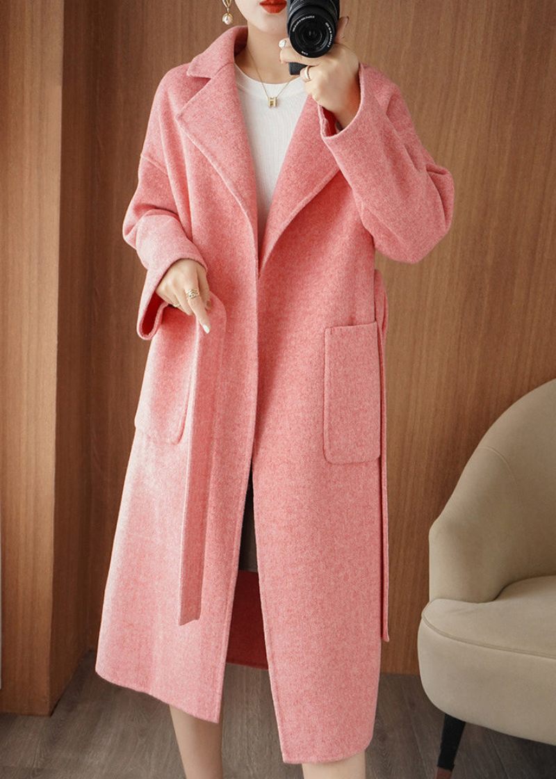 Chic Pink Notched Tie Talje Ulden Maxi Coat Fall - Dame vinterfrakker