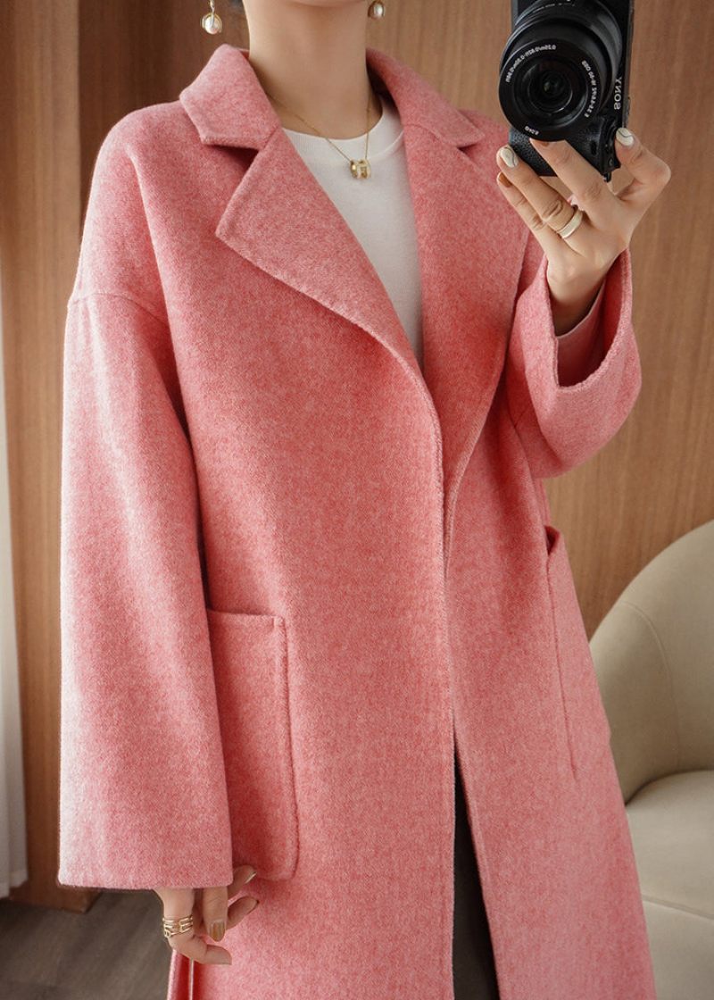 Chic Pink Notched Tie Talje Ulden Maxi Coat Fall - Dame vinterfrakker