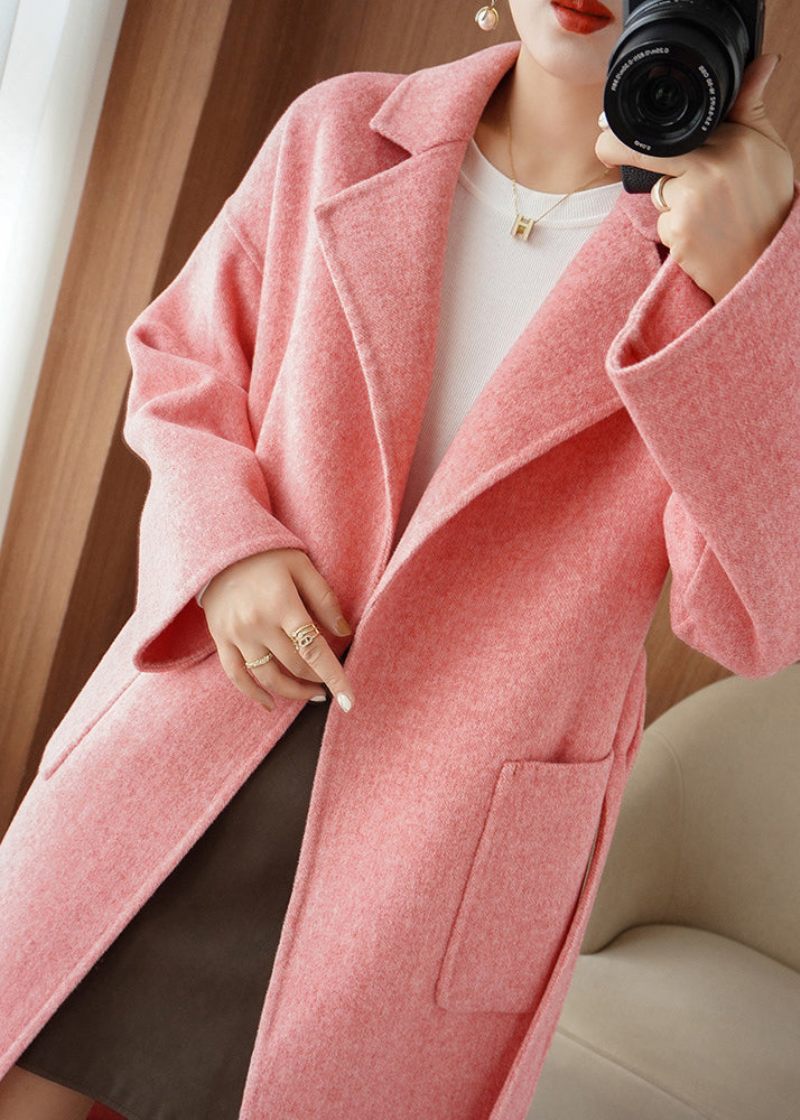 Chic Pink Notched Tie Talje Ulden Maxi Coat Fall - Dame vinterfrakker