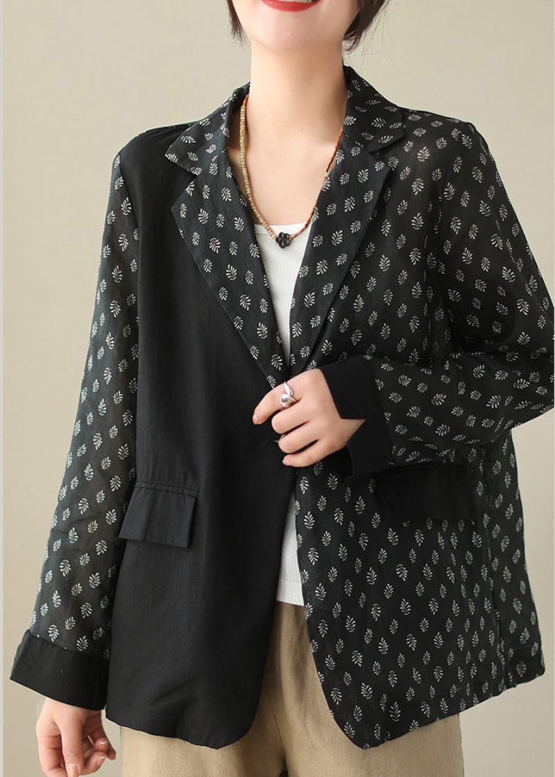 Chic Sort Patchwork Knap Ramie Coat Spring - Sort