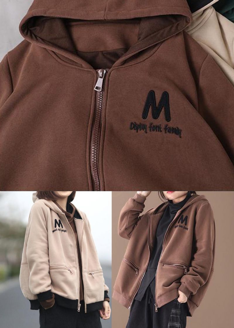 Chokoladebroderede Varme Fleecefrakker Hooded Zip Up Winter - Kaffe