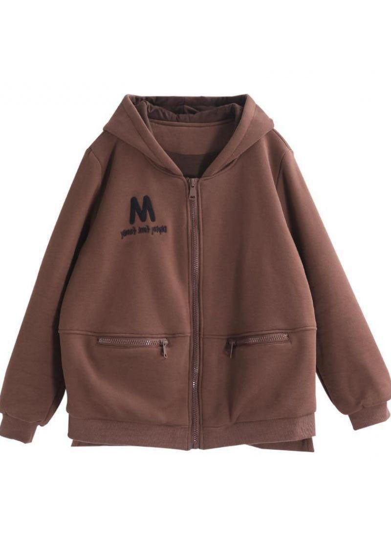 Chokoladebroderede Varme Fleecefrakker Hooded Zip Up Winter - Kaffe