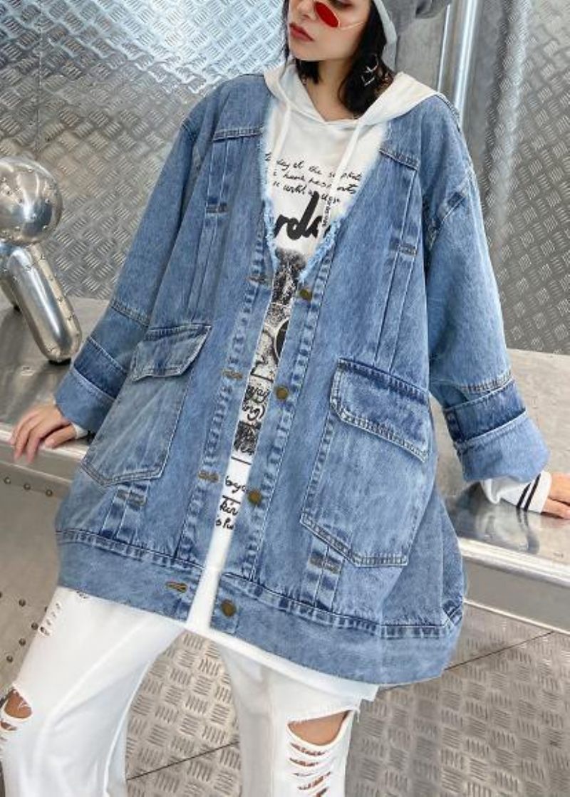 Dame Denimblå Fin Trenchcoat Shape Button Down Outwear - Blå