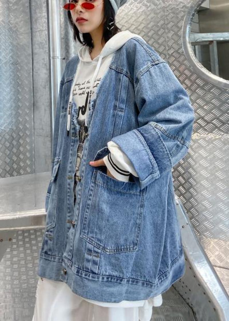 Dame Denimblå Fin Trenchcoat Shape Button Down Outwear - Blå